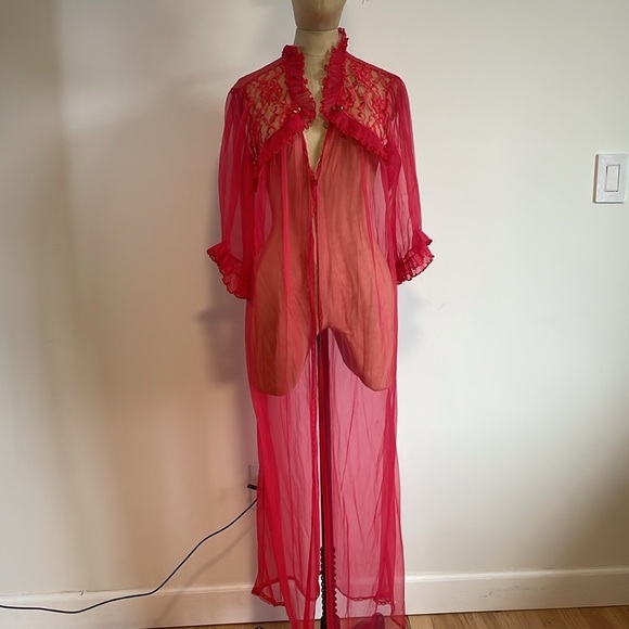 Romantic Moods Sheer Robe Large Red Lace Maxi Rosette VTG Goth Ruffle Long - Picture 1 of 14